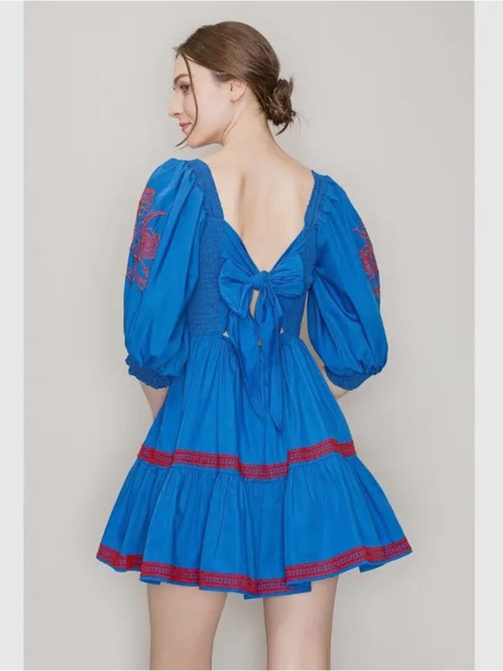 OMIKA Blue Puff-Sleeve Smocked Dress with Contrast Trim